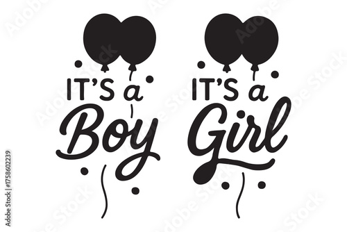 It s a boy and it s a girl text with balloons isolated on white background