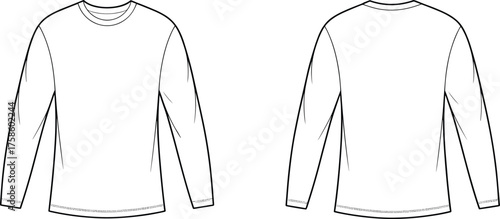 Technical flat sketch long sleeve crew neck shirt front and back view, unisex blank apparel, fashion garment template, clothing design illustration