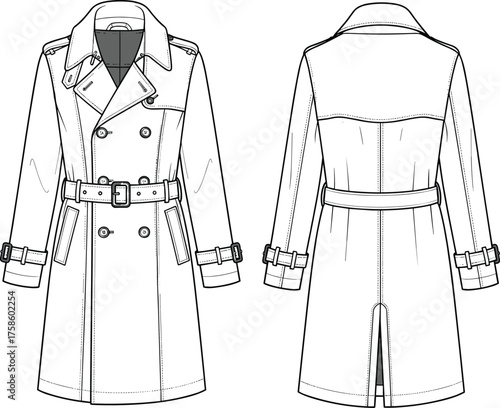 Trench coat flat sketch, double breasted design, belted waist, storm flap detail, cuff straps, fashion technical drawing, apparel design template, vector illustration