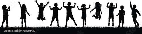 Children silhouette jumping, kids playing outdoors, happy childhood moments, active youth on grass, black vector art, joyful group activity scene