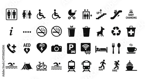 Monochrome Wayfinding Pictogram Icons Pack - Restroom, Accessibility, Transport & Amenities Vector