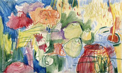 Hand drawn floral garden artwork in watercolor and colored pencil, expressive abstract composition with flowers and nature shapes, high-resolution scan for print and web design