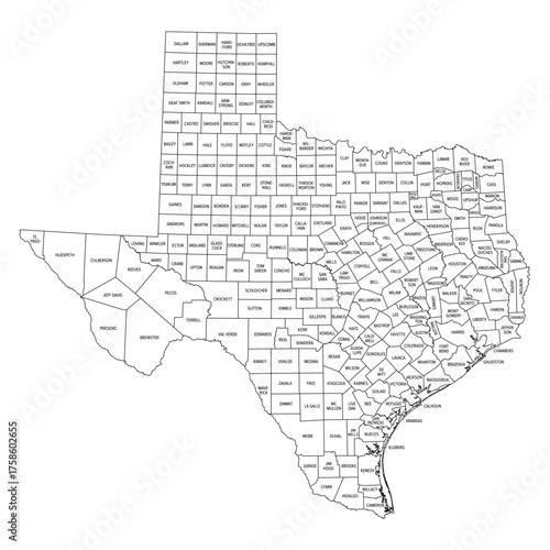 State of Texas, subdivided into 254 counties, outline map. State in the South Central region of the United States, nicknamed The Lone Star State. Isolated, black and white illustration. Vector