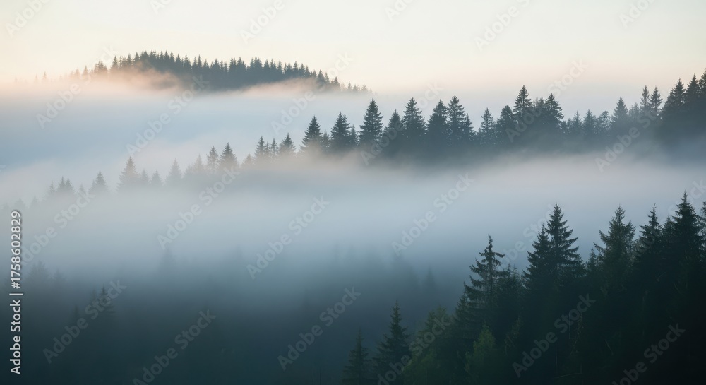 Fototapeta premium Foggy forest landscape with evergreen trees and mountains in the distance
