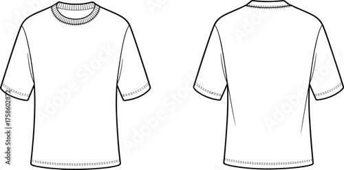 Technical flat sketch short sleeve t-shirt front and back view, unisex blank apparel, crew neck fashion garment template, clothing design illustration