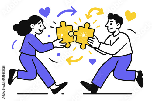 Glowing Puzzle Exchange. Give and take. Two characters exchanging glowing puzzle pieces that fit perfectly