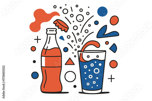 Fizzing Bottle Cap. Soda Pop. A bottle cap pops off with fizzing bubbles rising into the air. A glass fills