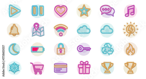 Neon Gradient Glow UI Icons Pack - Luminous Outline App Symbols Vector