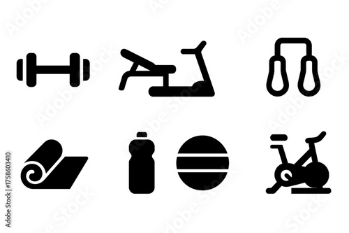 Home Gym Icons. Home Gym Setup. Filled icon set of Home Gym Setup: dumbbell, bench, treadmill, resistance