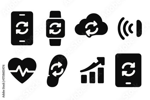 Data Syncing Icons. Data Syncing. Filled icon set of Data Syncing: smartphone, smartwatch, cloud icon,