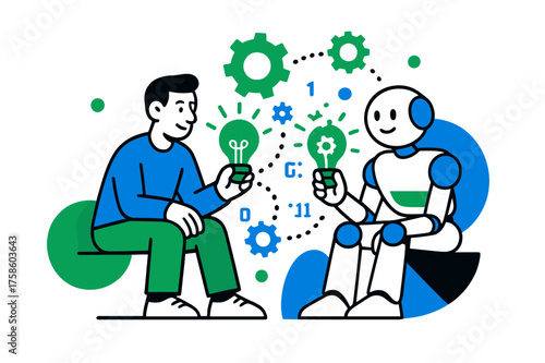 AI-Human Synergy. AI-Human Collaboration. A person and a friendly robot sit side by side, exchanging glowing