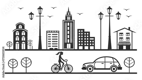 Vector art of a detailed vector illustration of a cityscape featuring buildings, streetlights, trees, a cyclist, and a car, capturing the essence of urban life and transportation in a monochrome style