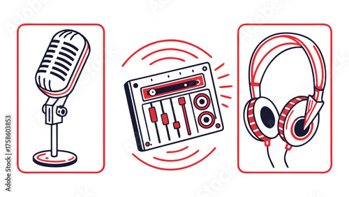 Vector art of illustration set featuring a microphone, audio mixer, and headphones, the design is clean and modern, perfect for music, podcasting, or audio production projects