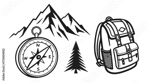 Vector art of a monochrome illustration featuring a compass, mountain range, pine tree, and backpack, evoking a sense of adventure, exploration, and outdoor recreation