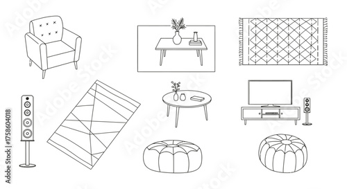 living room decor illustration showing furniture arrangement for interior design projects evoking modern home styling and creative room planning for designers