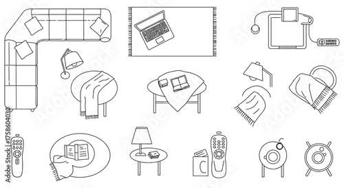 living room interior a cozy home design with sofa laptop on rug warm blankets lamps and remotes perfect for interior design blogs and lifestyle articles