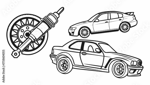 Vector art of outlined car parts and vehicles a detailed illustration showcasing a shock absorber, a coupe, and a sedan, all rendered in a clean, minimalist style