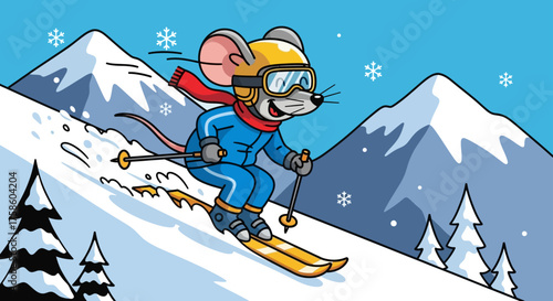 Mouse skiing downhill on a snowy mountain wearing ski gear and enjoying winter sports ideal for childrens illustrations and seasonal designs.