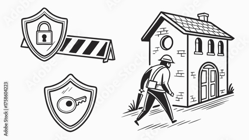 Vector art of illustrations depicting security measures and a construction worker, featuring a shield with a padlock, a barrier, a shield with a key, and a worker near a building