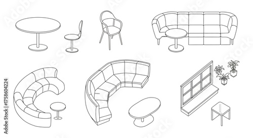 furniture arrangement isometric view of a modern interior design layout with stylish couches tables chairs  greenery perfect for interior design blogs