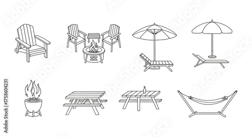 Outdoor furniture line art patio chairs tables and fire pit for summer relaxation perfect for backyard design and product catalog illustration.
