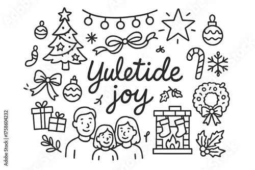 Yuletide Doodle Celebration. Yuletide joy. Hand-drawn doodle illustration of Yuletide joy. Christmas tree,