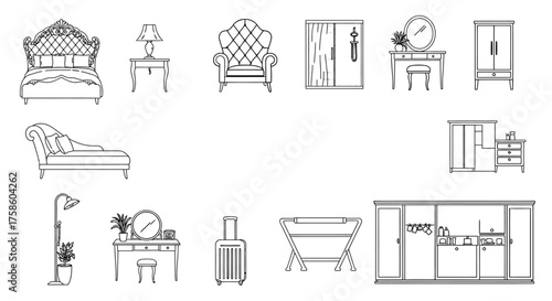 furniture line drawing showcasing bedroom living room bathroom furnishings and travel accessories for interior design mockups architectural visualization