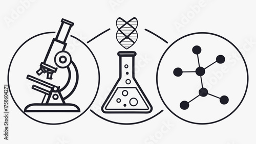 Vector art of illustration showing a microscope, a flask with dna, and a molecule, representing science, research, and experimentation vector drawing