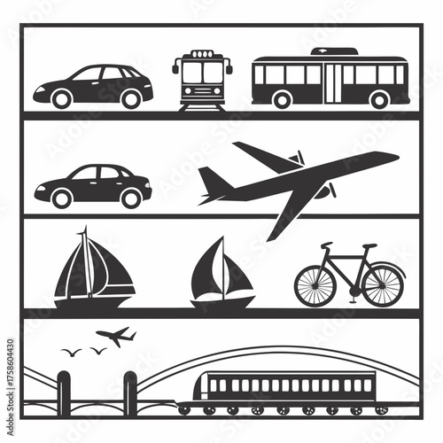 Vector art of various modes of transportation are displayed on shelves, including cars, buses, airplanes, sailboats, bicycles, trains, and bridges