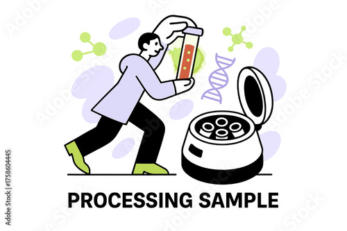 Sample Processing Scene. Blood sample in test tube. Character inserting glowing sample into centrifuge,