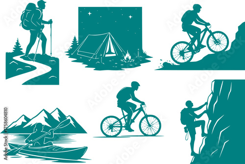 Outdoor Adventure Recreation Silhouette Set - Hiking, Camping, Cycling Black Vector Icons for Active Lifestyle & Nature