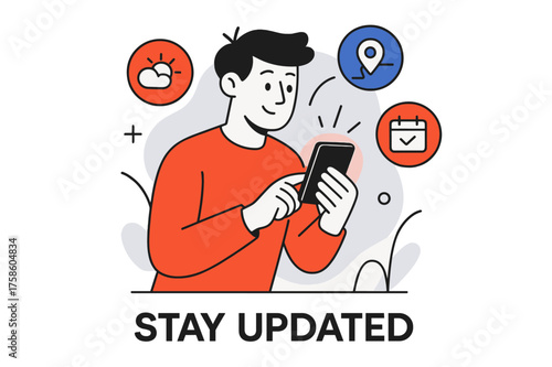 Travel Alerts Visualization. Using travel apps. Character receiving glowing travel alerts on phone, floating