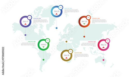 Global business growth and expansion infographic with colorful markers on a world map illustration
