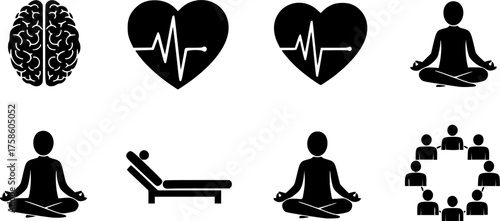 Mental Health & Wellness Icons Silhouette - Therapy, Brain, Meditation Black Vector Set for Psychological Support