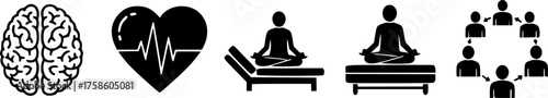 Mental Health & Wellness Icons Silhouette - Therapy, Brain, Meditation Black Vector Set for Psychological Support