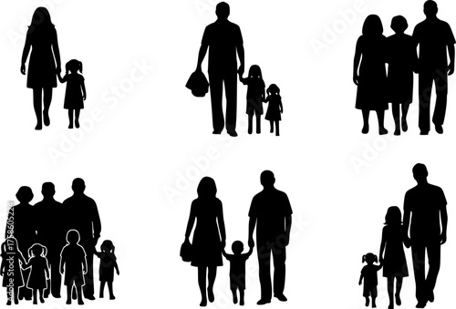 Diverse Family Unit Silhouettes - Modern Nuclear, Single Parent, Grandparents Black Vector Icon Set for Inclusivity