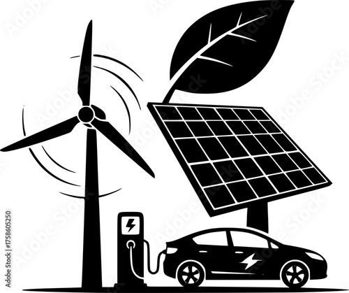 Sustainable Energy Sources Silhouette Set - Wind, Solar, EV Charging Black Vector Icons for Green Technology & Eco-Friendly
