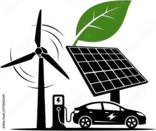 Sustainable Energy Sources Silhouette Set - Wind, Solar, EV Charging Black Vector Icons for Green Technology & Eco-Friendly