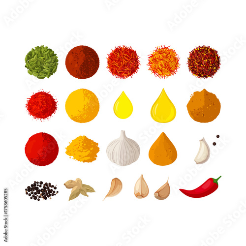 Vector illustration of colorful kitchen spices and food ingredients set