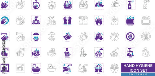 Hand Hygiene icon set with editable line style, featuring hand washing, sanitizer, foaming soap, disinfection, and personal hygiene elements.