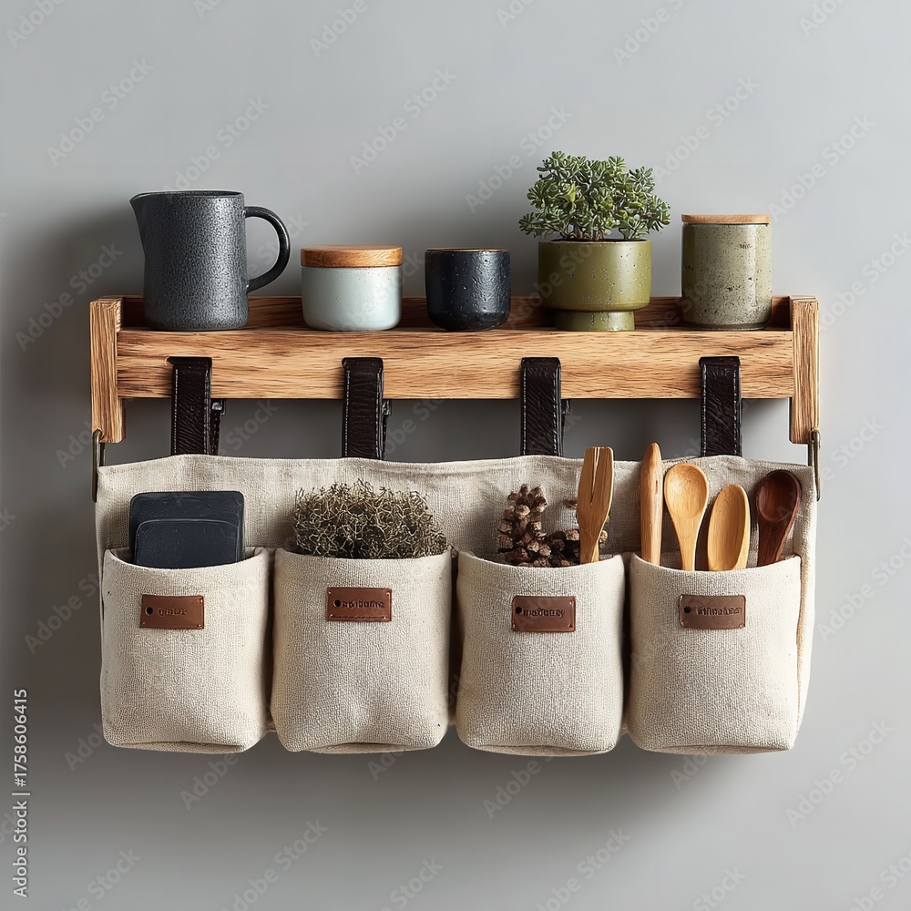 Naklejka premium Rustic Wall Organizer Displaying Natural Elements and Kitchen Accessories Gracefully