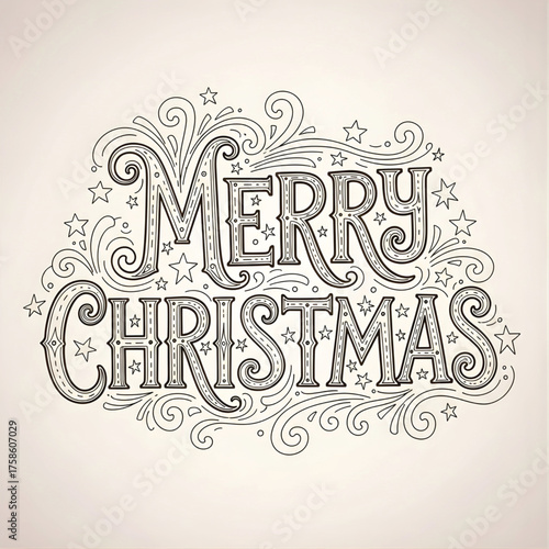 Elegant hand-drawn 'Merry Christmas' lettering with vintage swirls and stars on a light background.