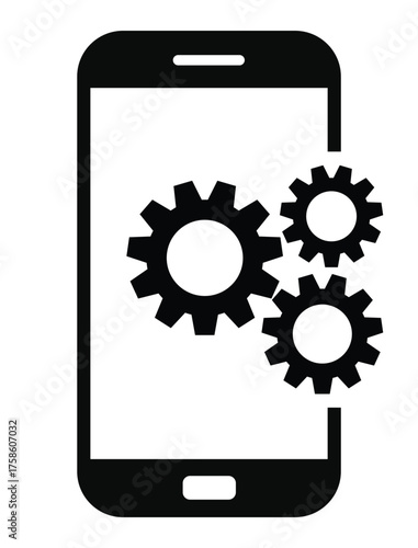 Mobile settings and system icon featuring three cogwheels (gears) partially displayed on or next to a simple smartphone outline. Represents app development, optimization, device configuration, technic
