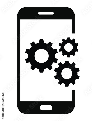 Mobile settings and system icon featuring three cogwheels (gears) partially displayed on or next to a simple smartphone outline. Represents app development, optimization, device configuration, technic