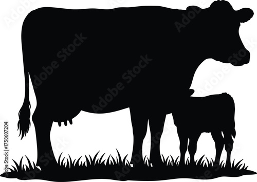 Cow and Calf Silhouette on Grass, Mother and Baby Cattle Illustration, Farm Livestock Pair, Pasture Scene, Agricultural Animal Bonding, Vector Farm Icon Family