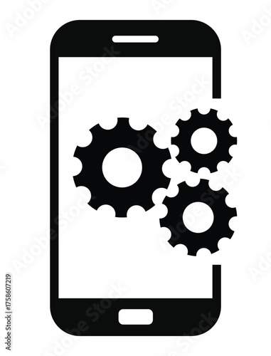Mobile settings and system icon featuring three cogwheels (gears) partially displayed on or next to a simple smartphone outline. Represents app development, optimization, device configuration, technic