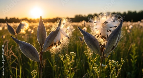 Fototapeta Naklejka Na Ścianę i Meble -  Sunset Meadow with Milkweed Seeds.