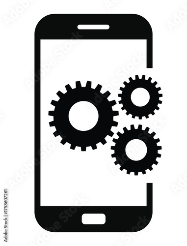 Mobile settings and system icon featuring three cogwheels (gears) partially displayed on or next to a simple smartphone outline. Represents app development, optimization, device configuration, technic