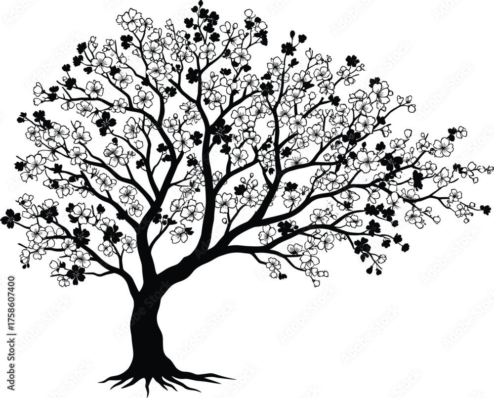 Fototapeta premium Black tree silhouette, vector illustration, nature design, isolated tree, artistic foliage, decorative branches, botanical art, organic shape, root detail, floral pattern