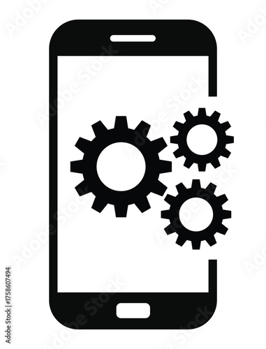 Mobile settings and system icon featuring three cogwheels (gears) partially displayed on or next to a simple smartphone outline. Represents app development, optimization, device configuration, technic